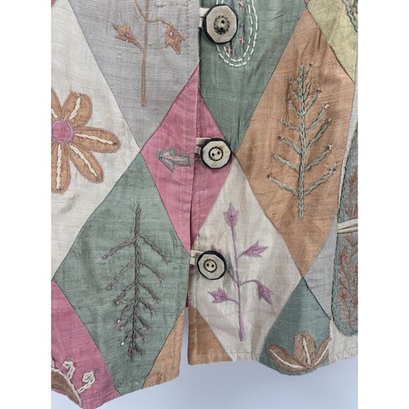 Anage Vintage Jacket Womens Large Beige Pink Green 100% Silk Embroidered Nature - Picture 7 of 16
